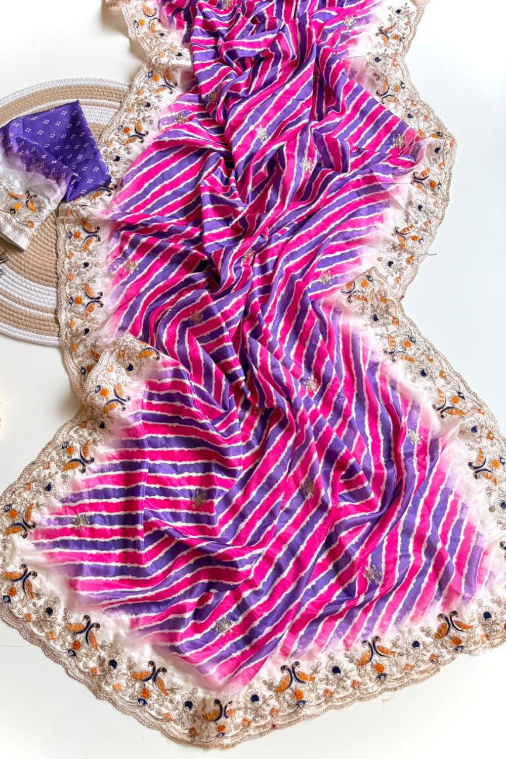 Pink Violet Lehriya print embroidary work festive wear saree