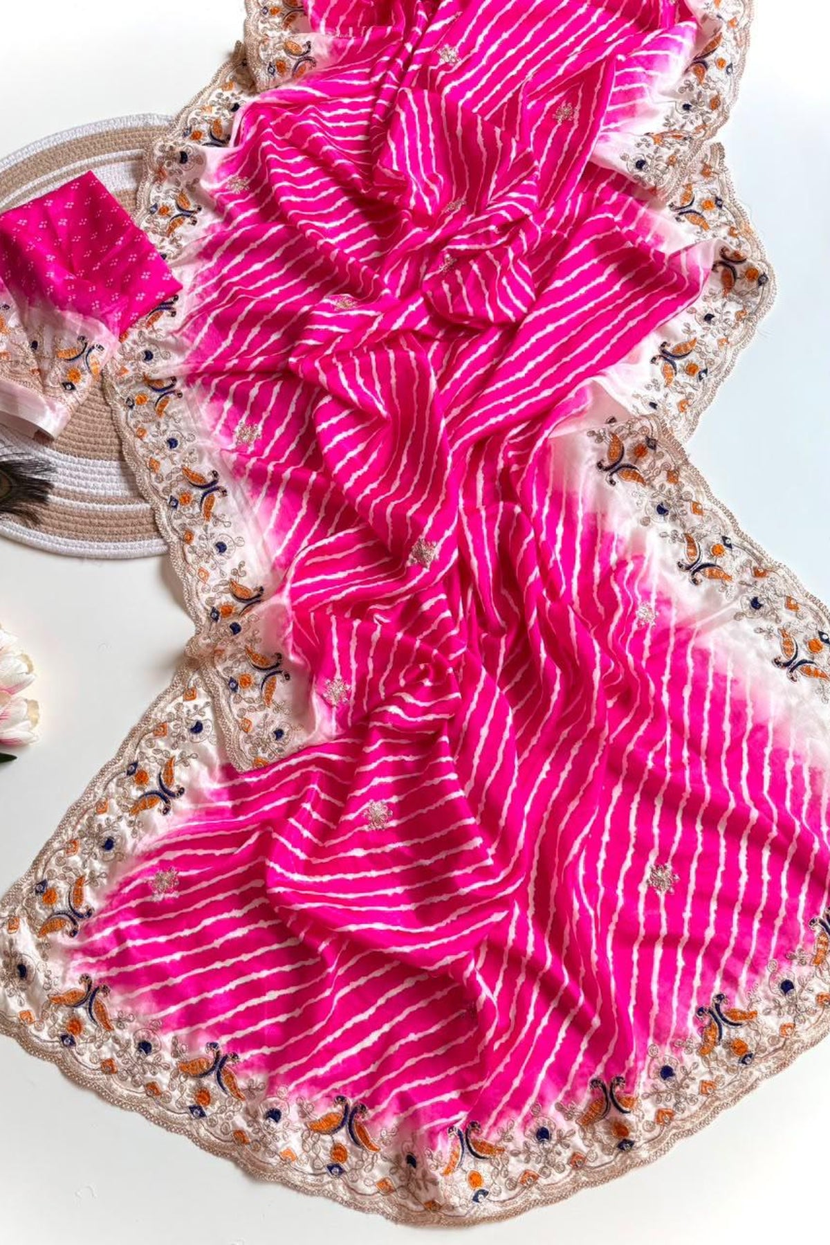 Pink Lehriya print embroidary work festive wear saree