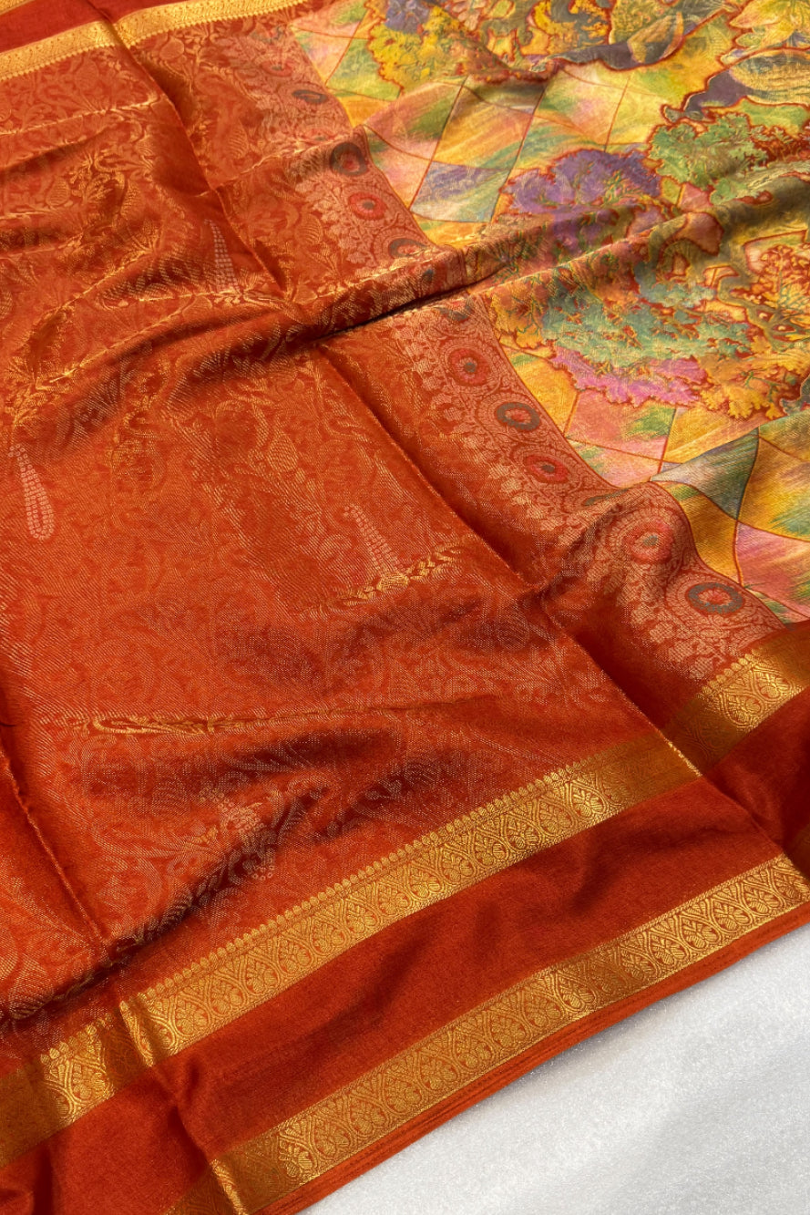 Vibrant orange saree with jacquard weaving