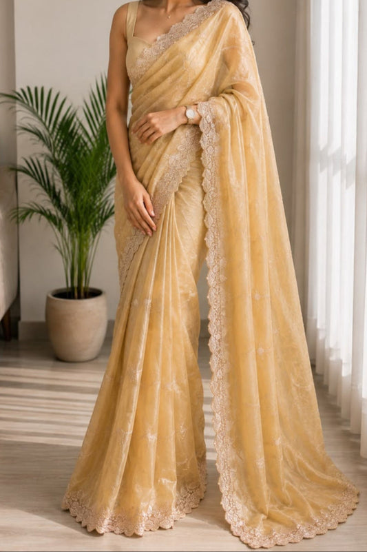 Golden  embroidery work saree