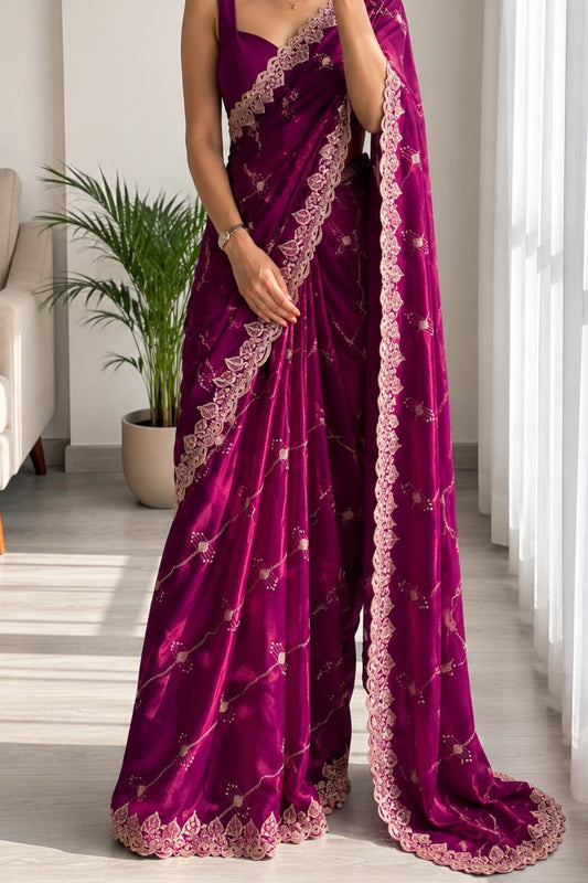 Rani  embroidery work saree