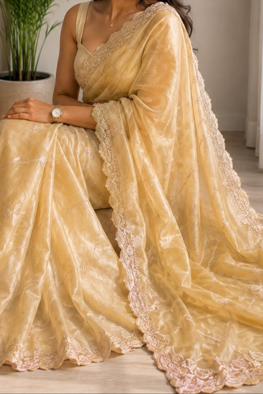 Golden  embroidery work saree