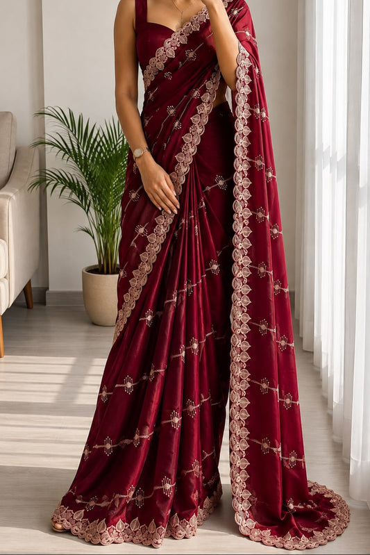 Maroon embroidery work saree