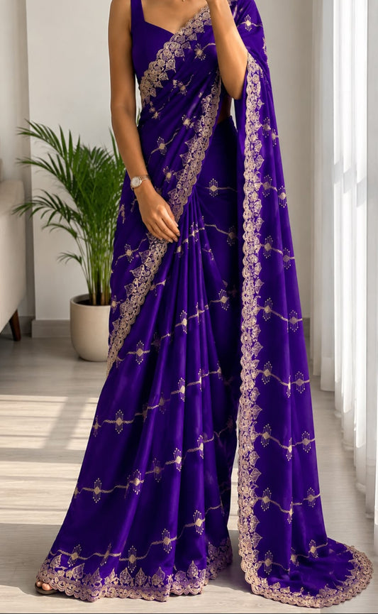 Blue Violet embroidery work saree