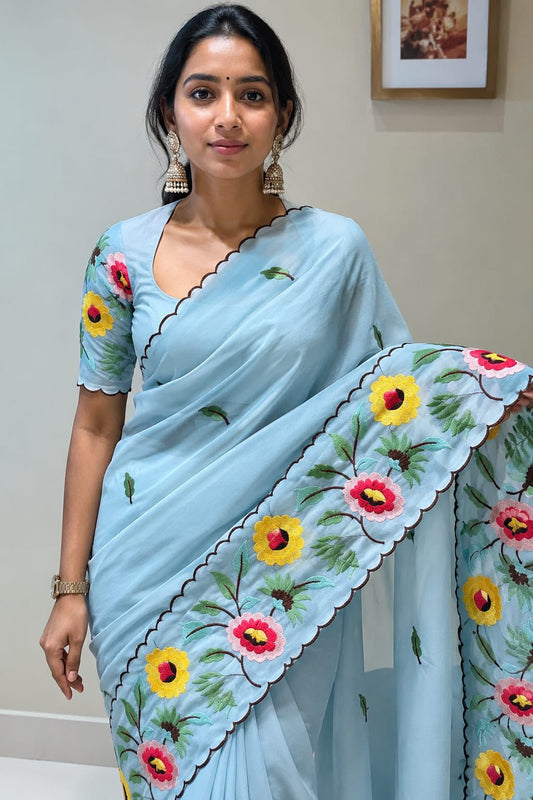 Blue embroidery work saree