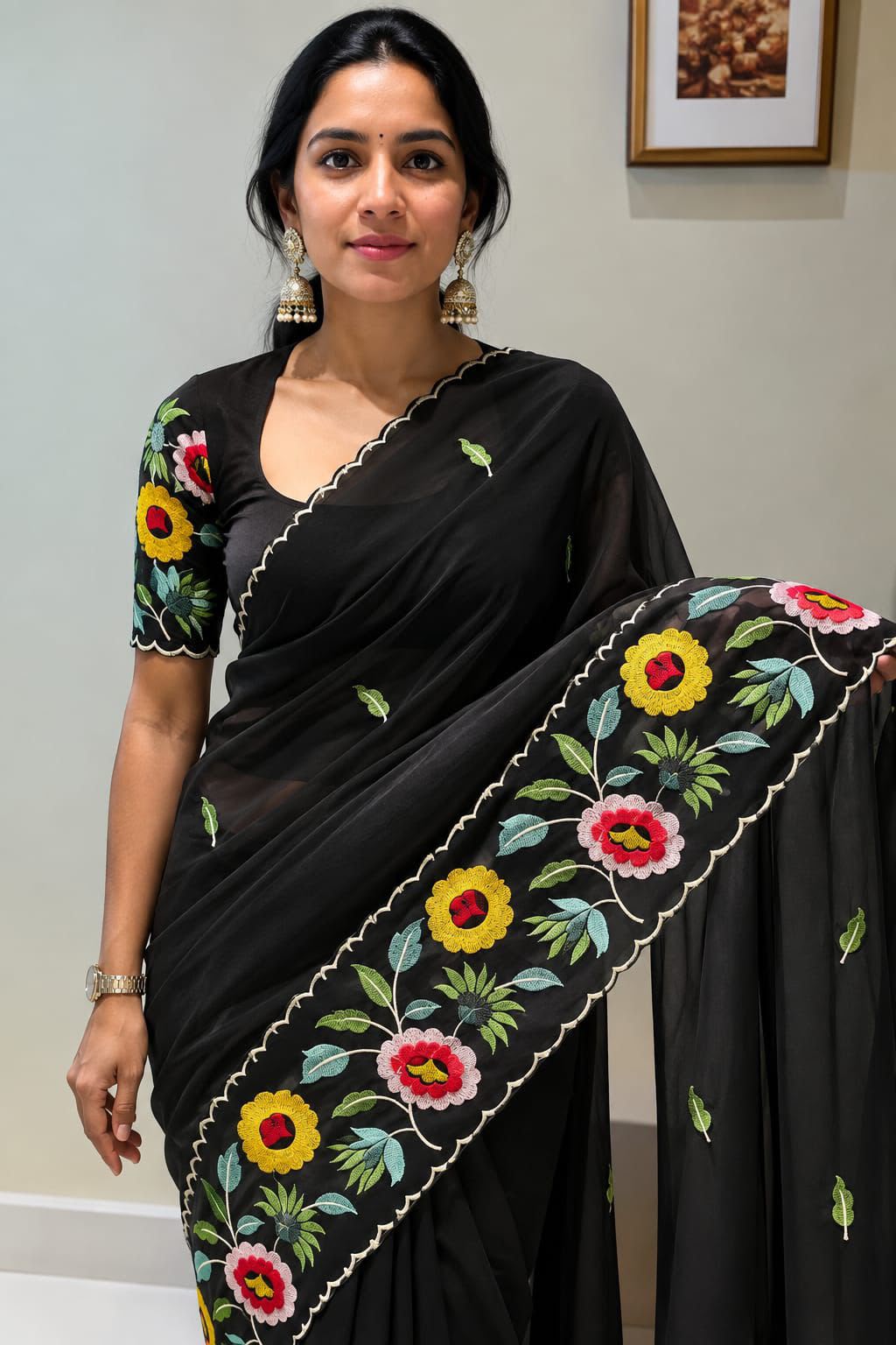 Black embroidery work saree