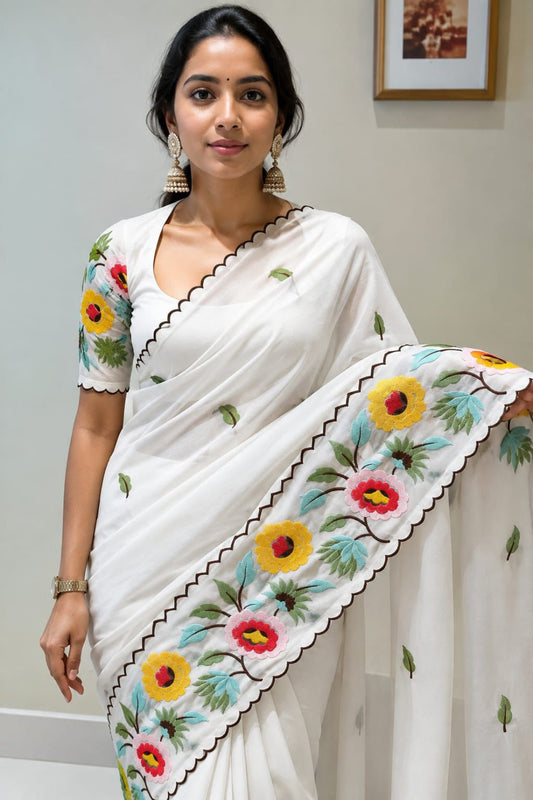 White embroidery work saree