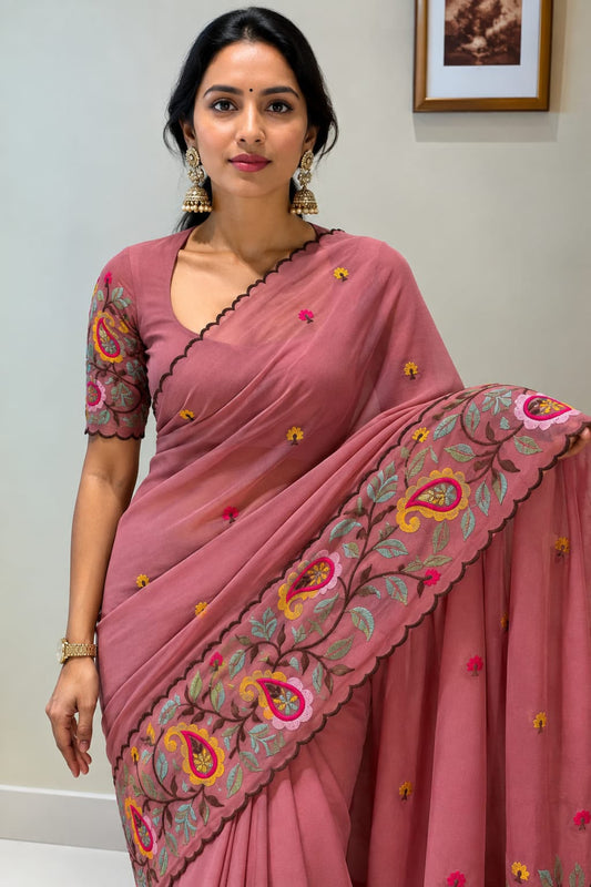 Pink embroidery work saree