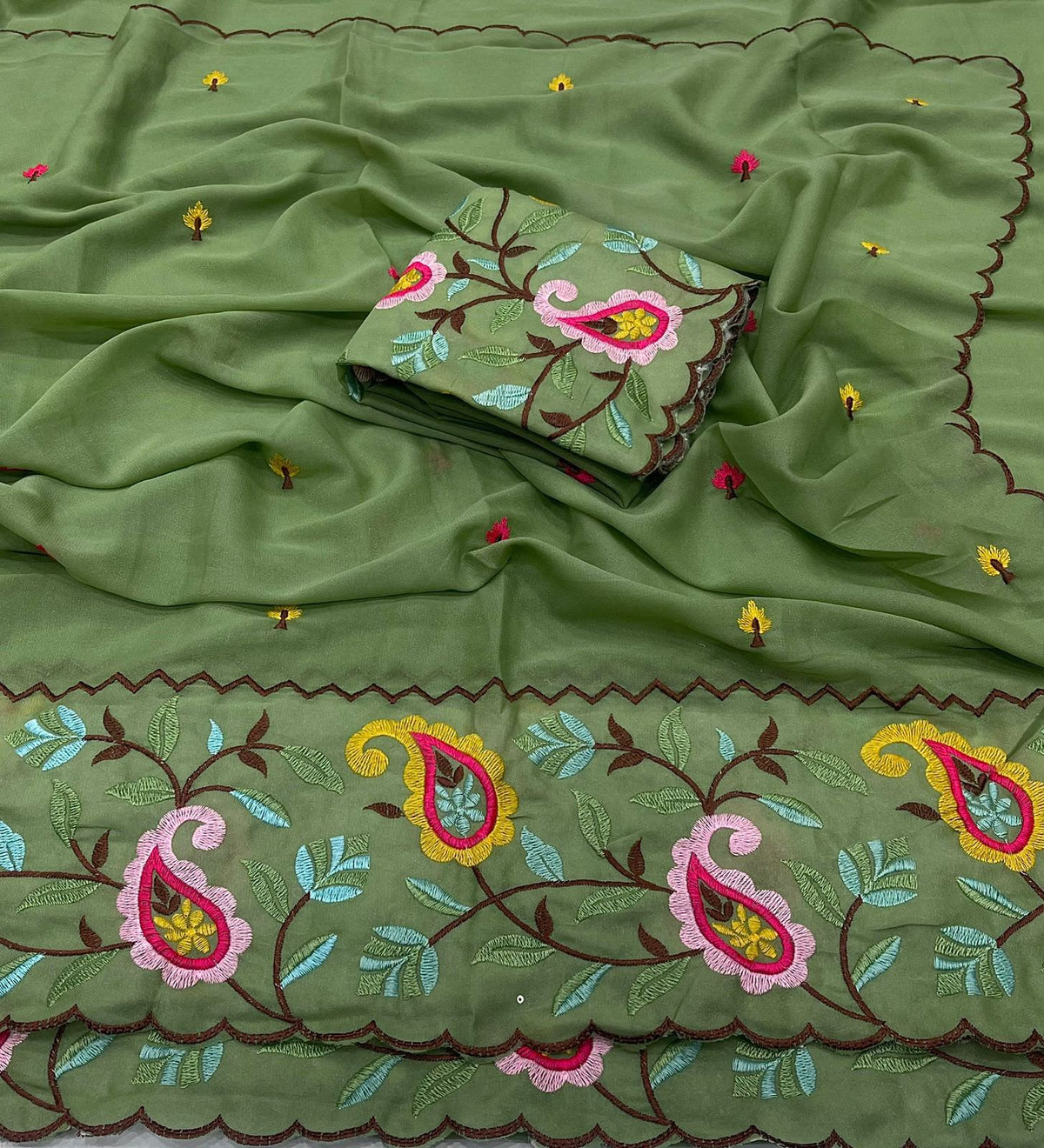 Green embroidery work saree