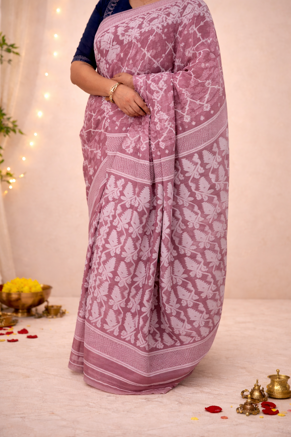 Onion pink jamdani saree with intricate weaving
