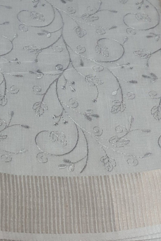 Grey Linen Saree Pure Linen Embroidery