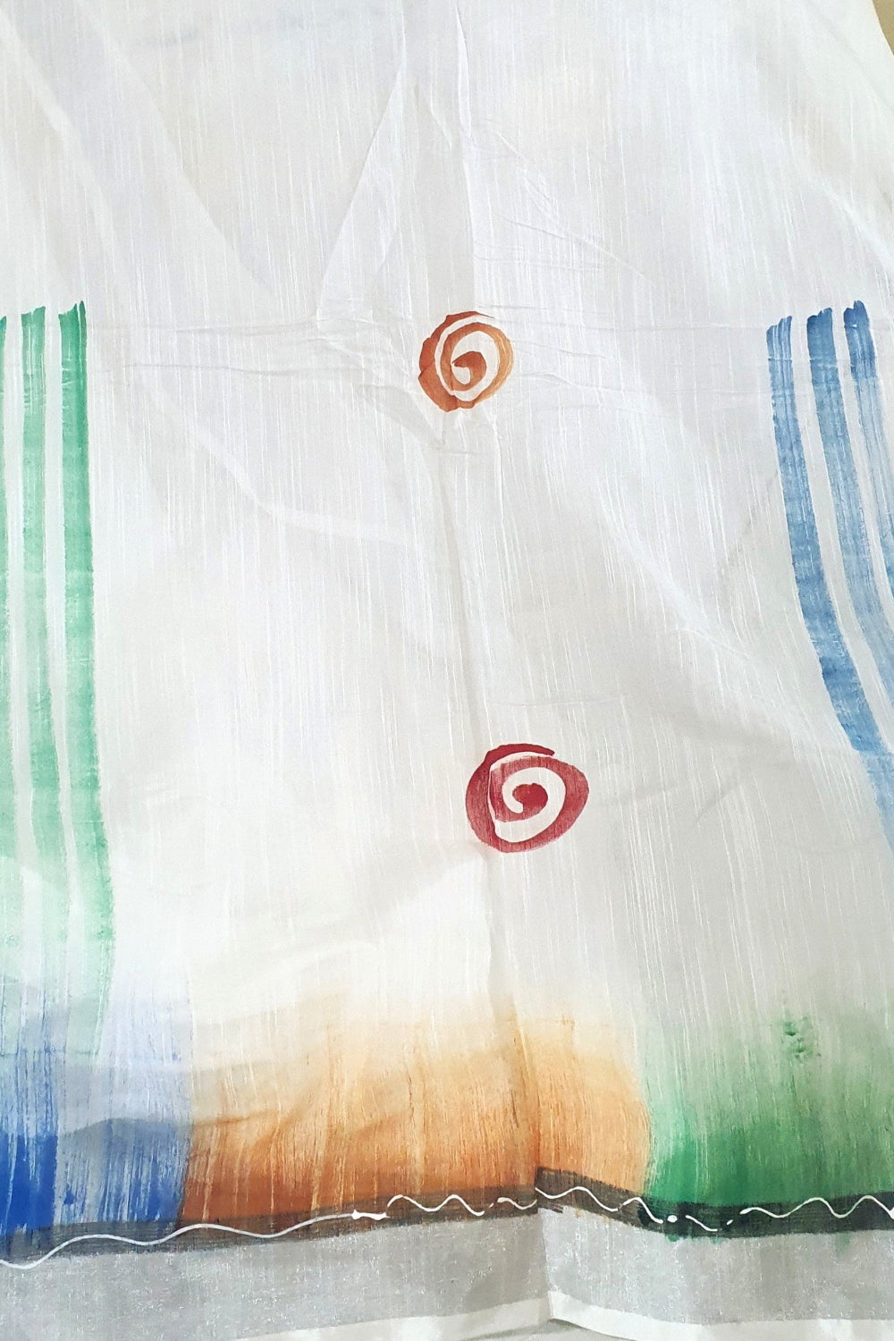 White hand painted cotton saree