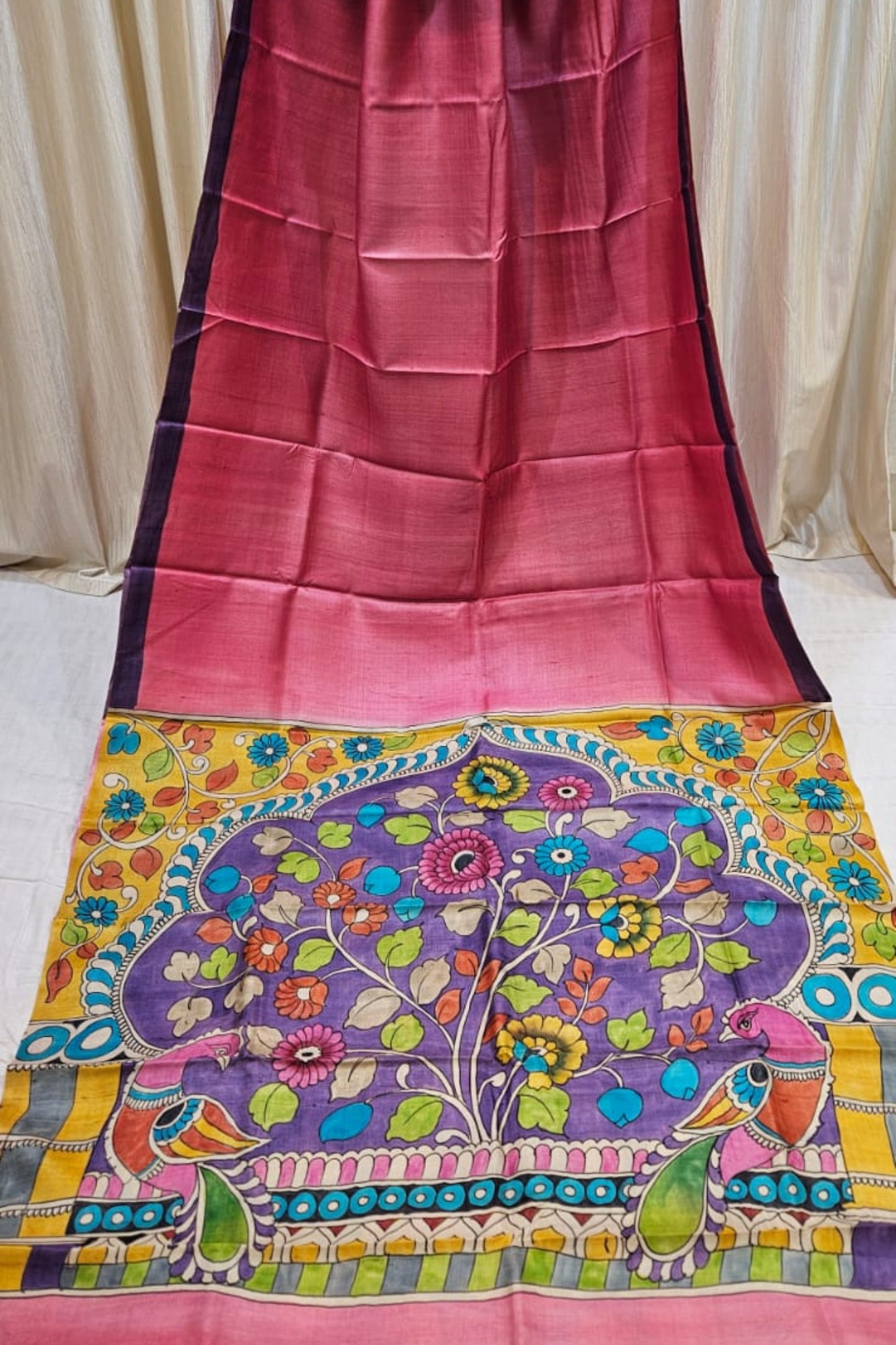 Handloom Pure Gachi Tussar saree with handpainted kalamkari pallu