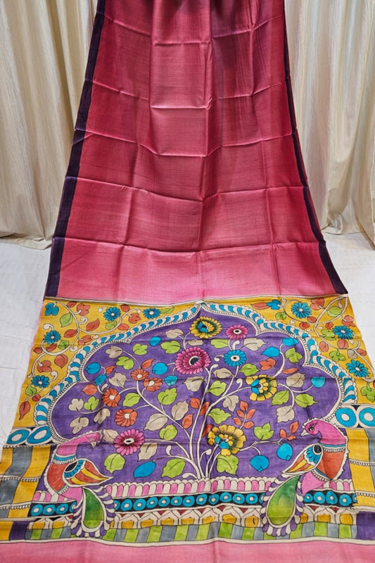 Handloom Pure Gachi Tussar saree with handpainted kalamkari pallu