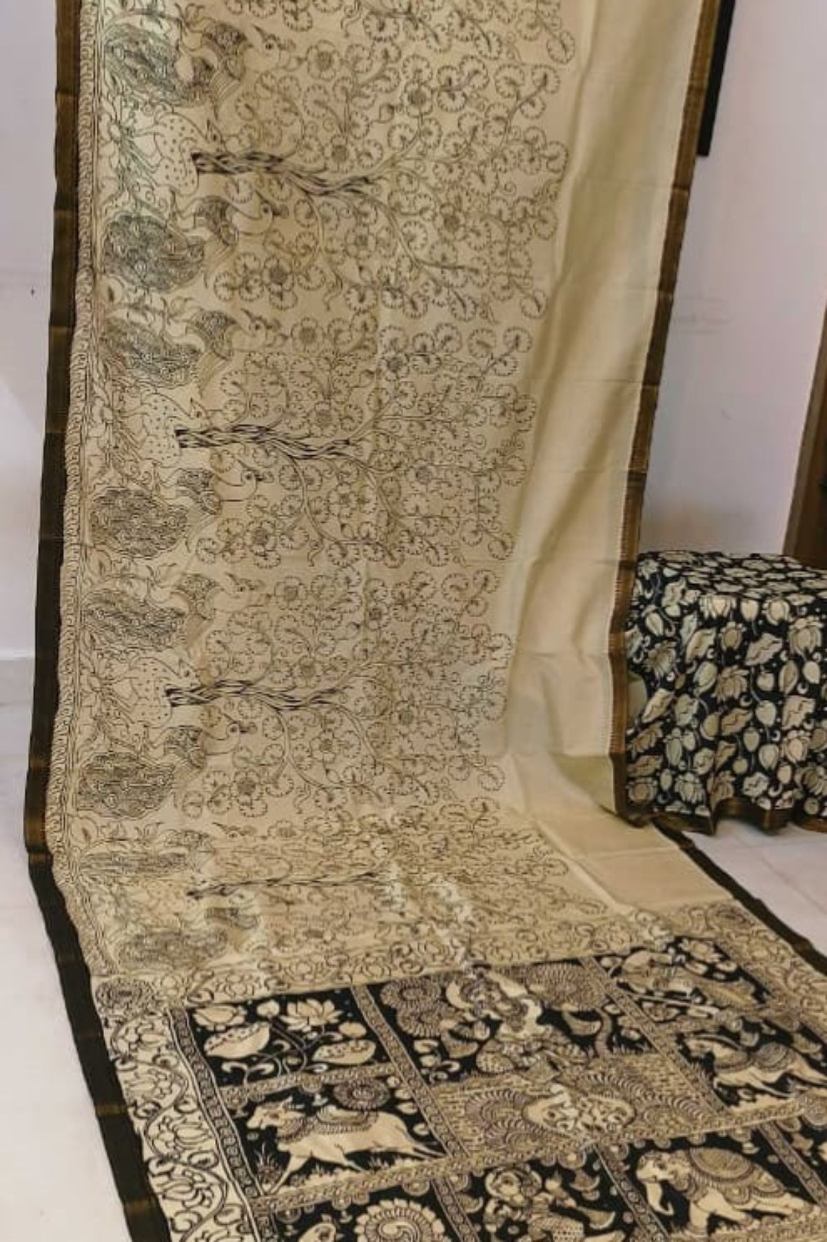 Deer peaccock handpainted kalamkari saree
