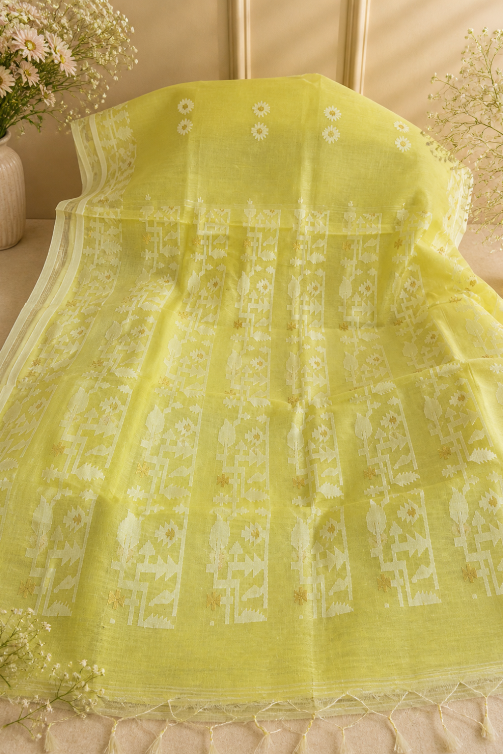  Light Lemon Pure Muslin Saree