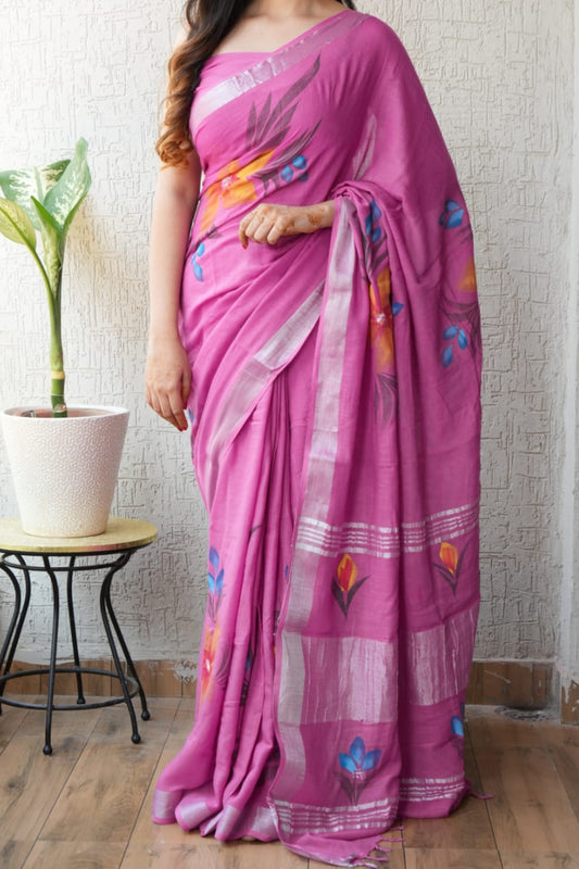 Pink Linen cotton Saree