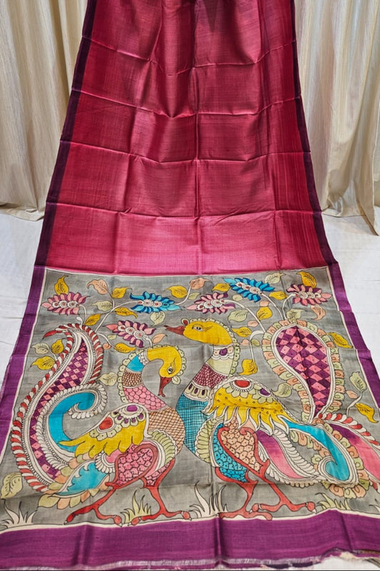 Pure Gachi tussar saree with Hand Pen Kalamkari Pallu
