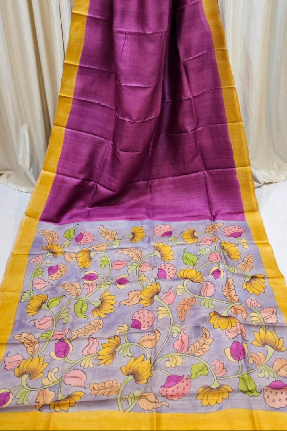 Pure Tussar Handloom Saree with Hand Pen Kalamkari Pallu