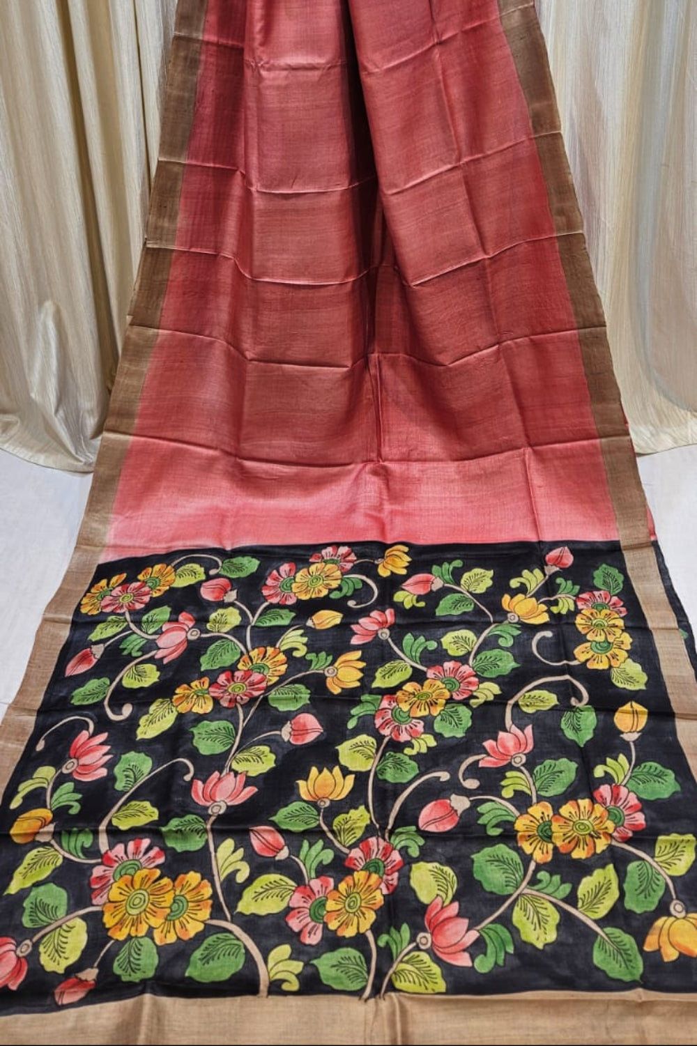Pure Tussar Handloom Saree with Hand Pen Kalamkari Pallu