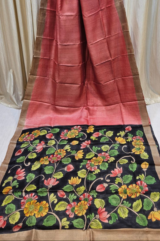 Pure Tussar Handloom Saree with Hand Pen Kalamkari Pallu