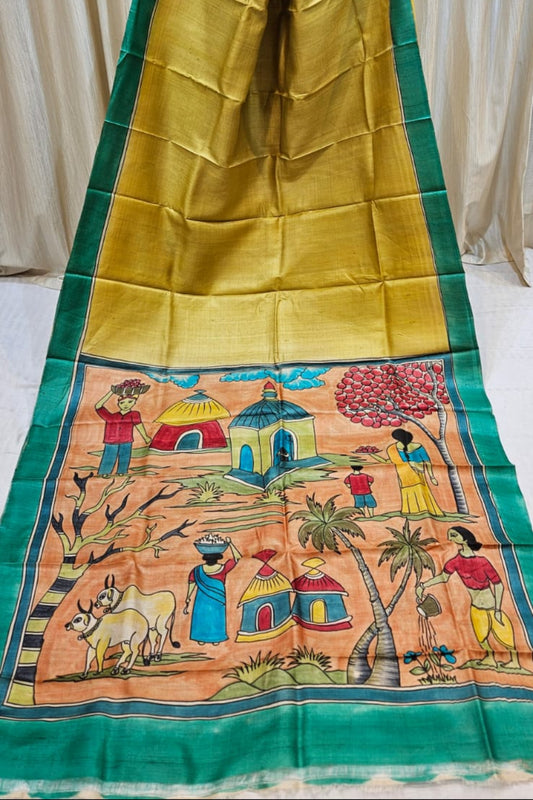 Pure Tussar Handloom Saree with Hand Pen Kalamkari Pallu