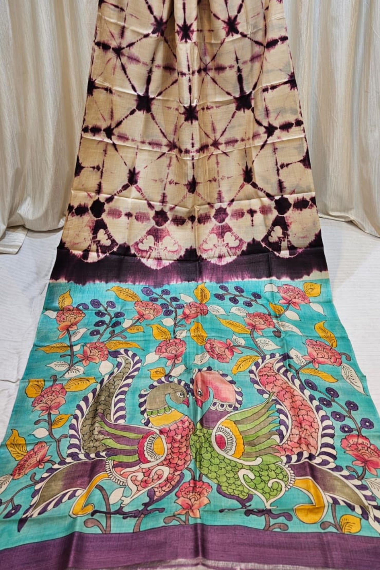 Pure Tussar fusion shibori & kalamkari saree 