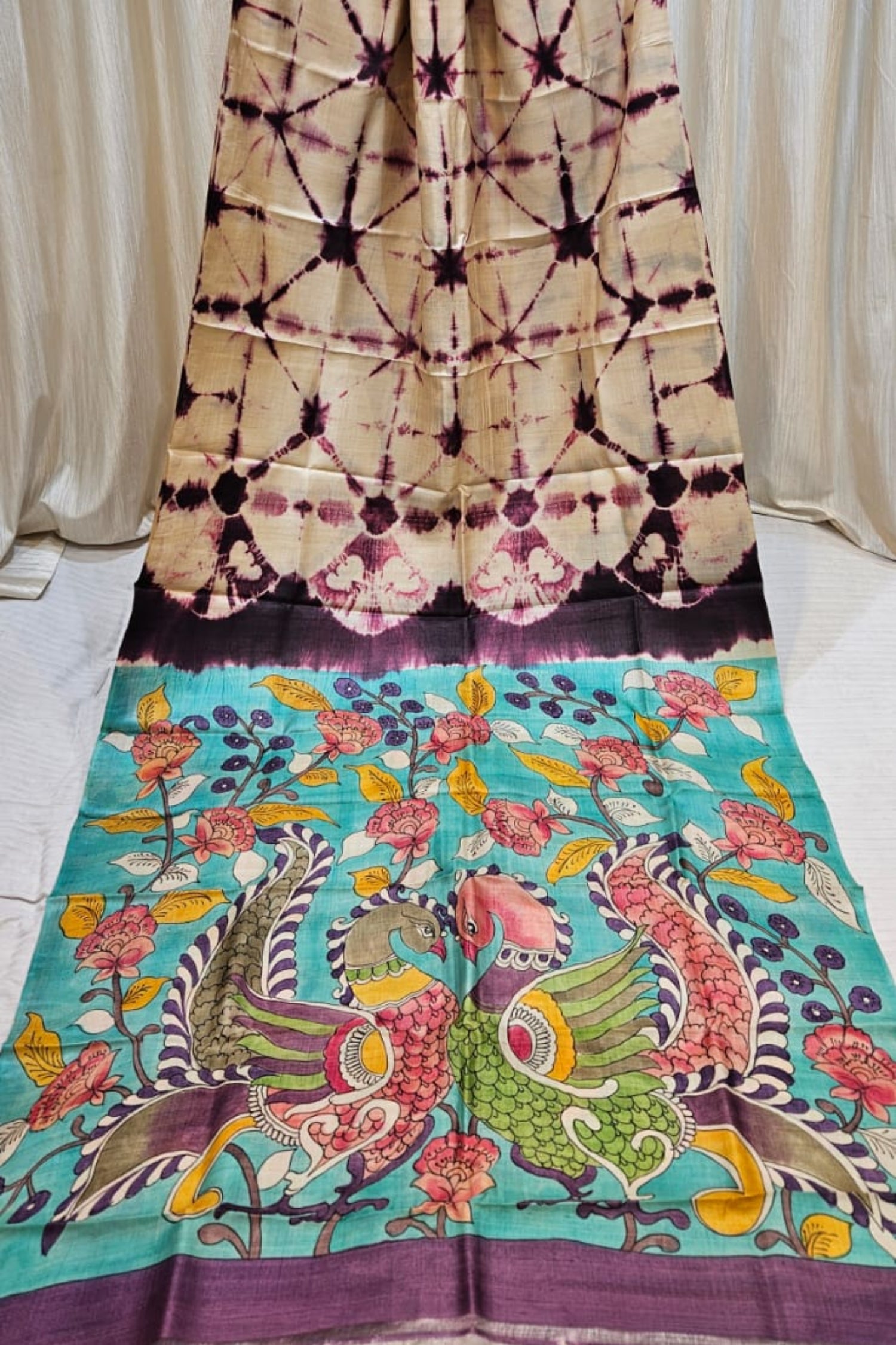 Pure Tussar fusion shibori & kalamkari saree 