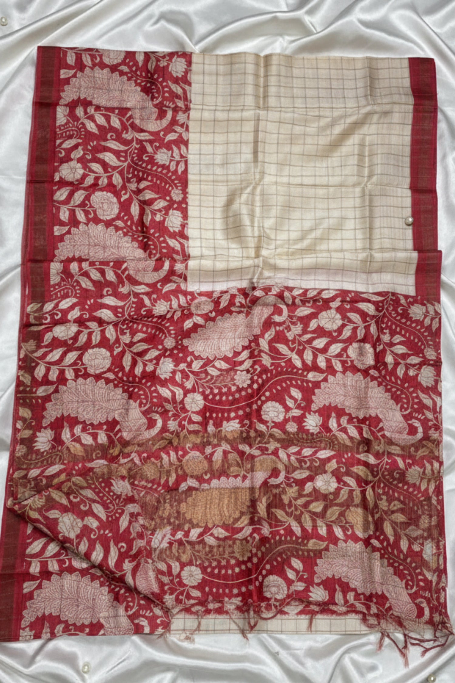 Red White check pure handloom saree 