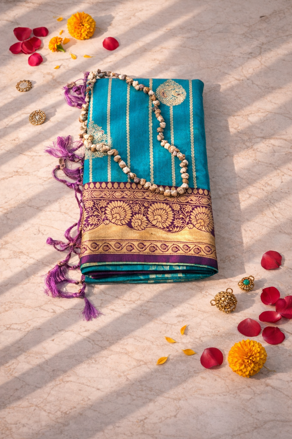 blue saree with golden border emboidery