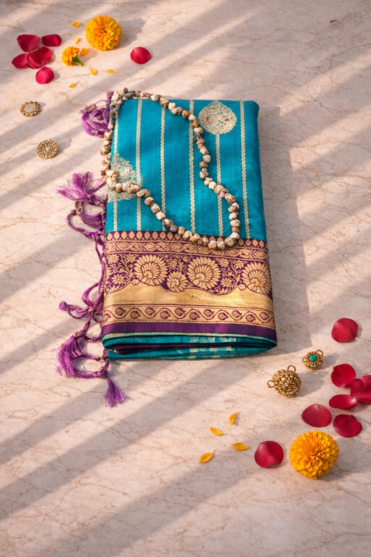 blue saree with golden border emboidery