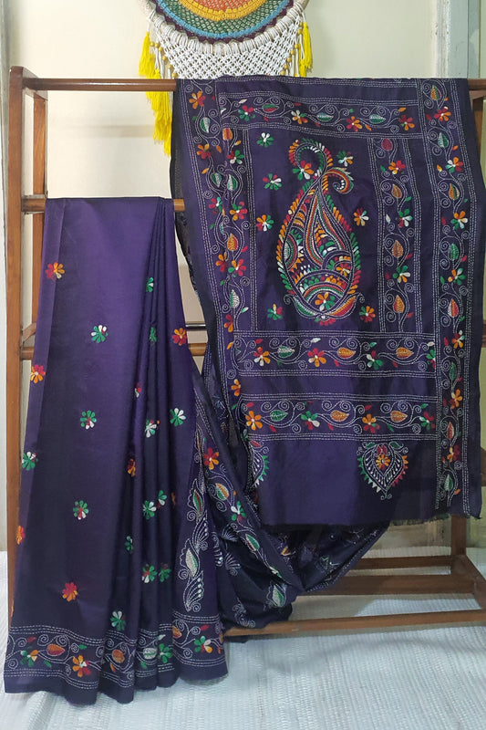 Violet Kantha Stitch Saree