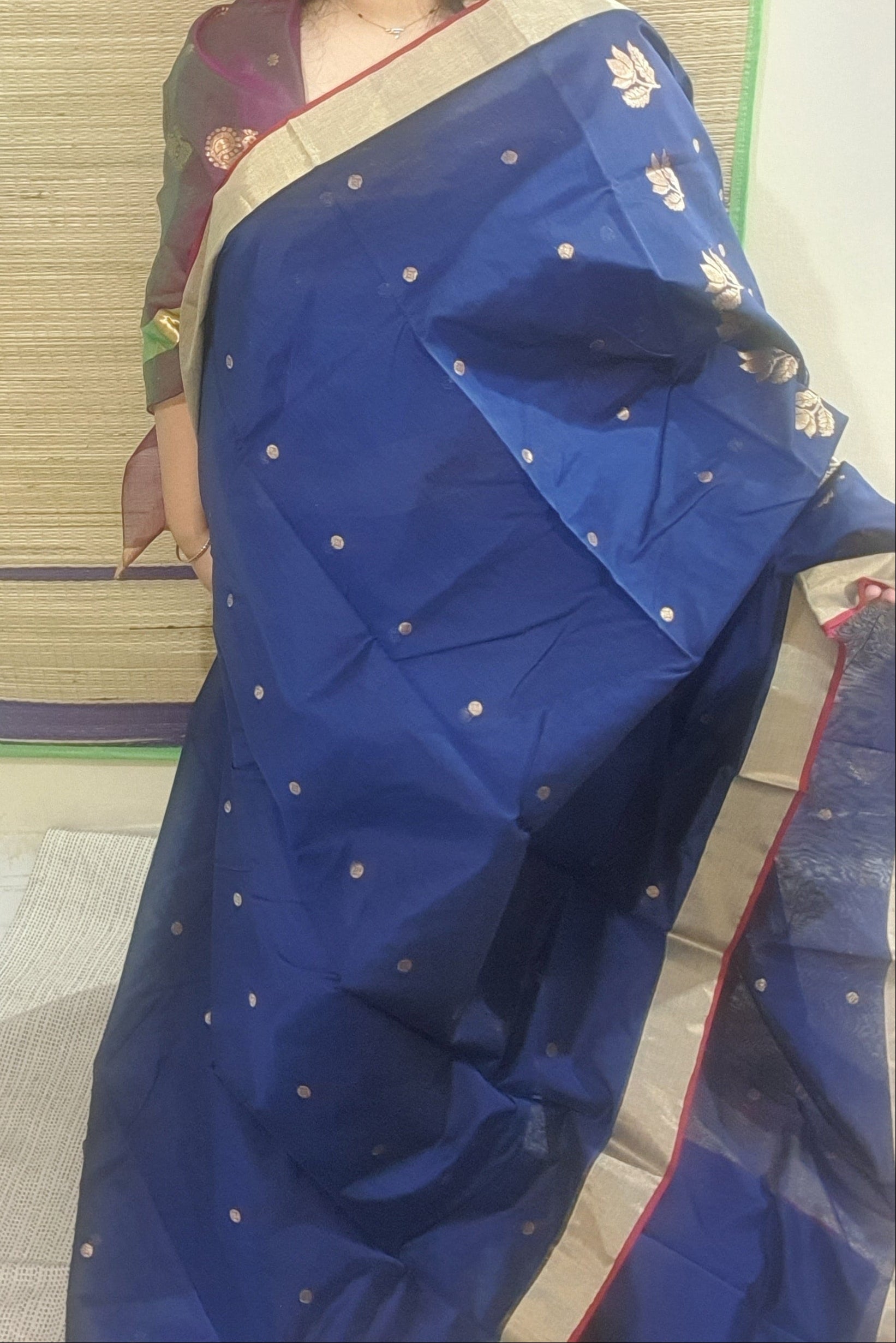 pure handloom dark blue Chanderi  saree