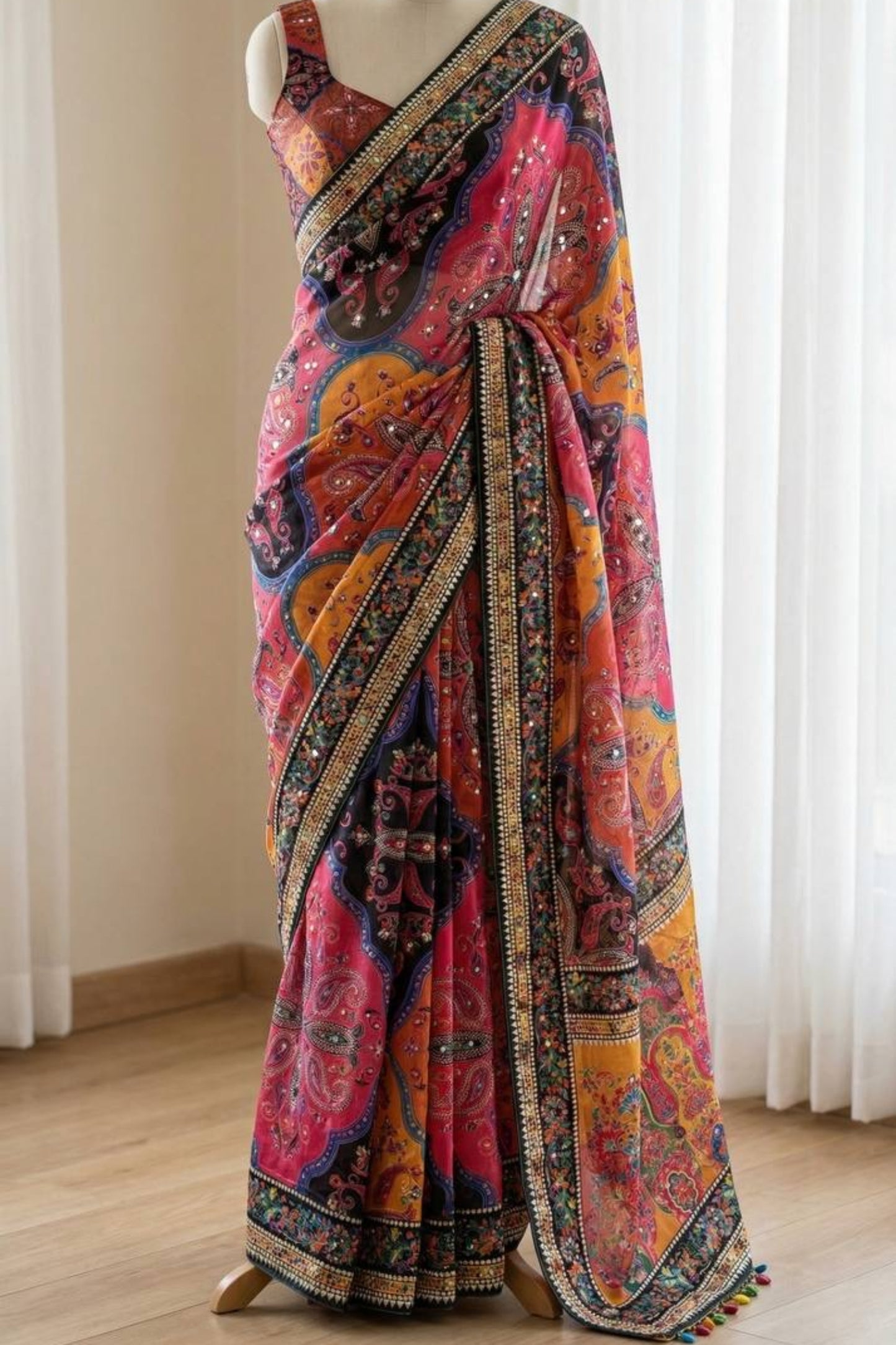 Roman SIlk Sraee with piping and ajrakh print
