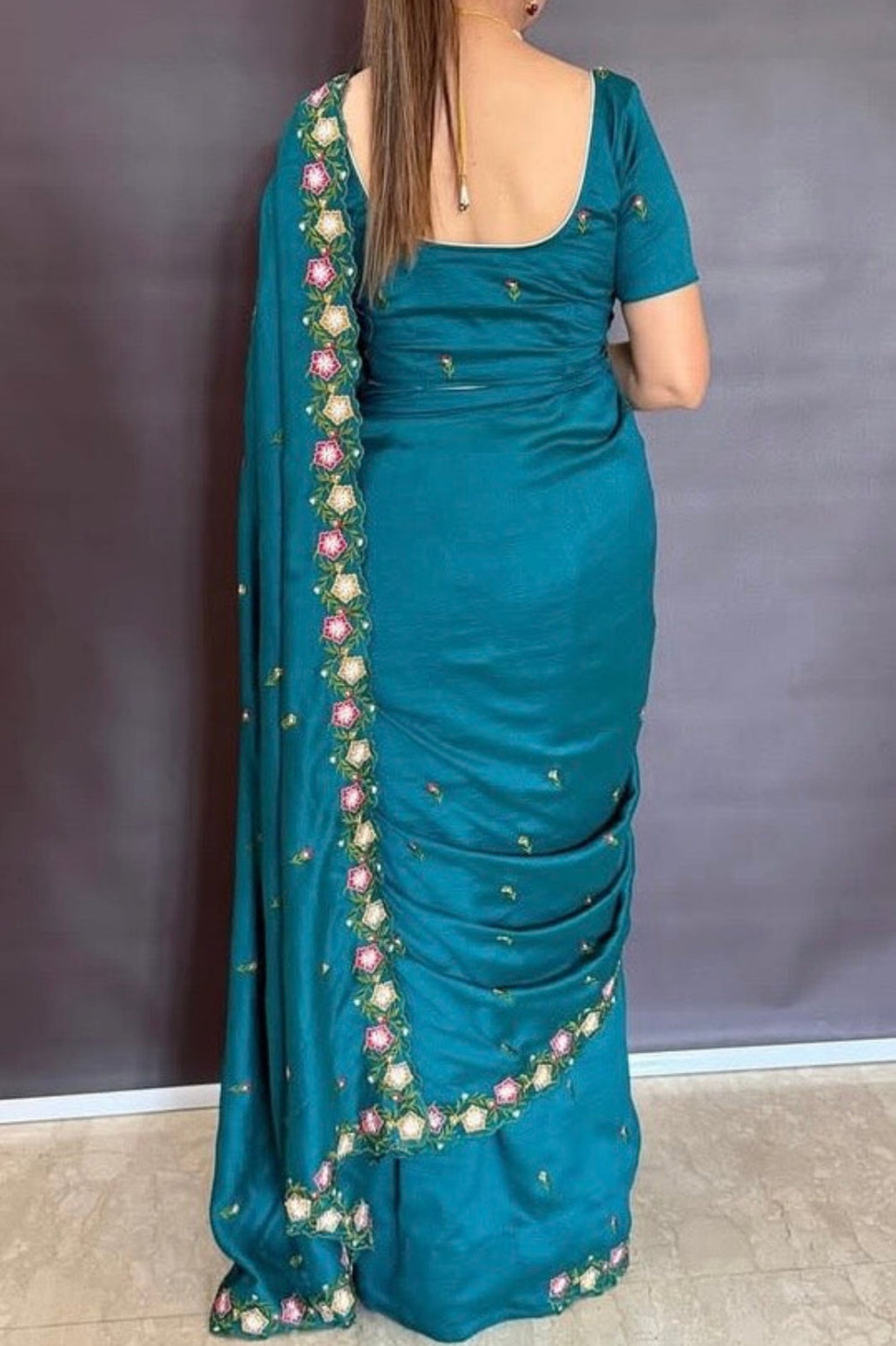 Green color floral Parsi embroidery