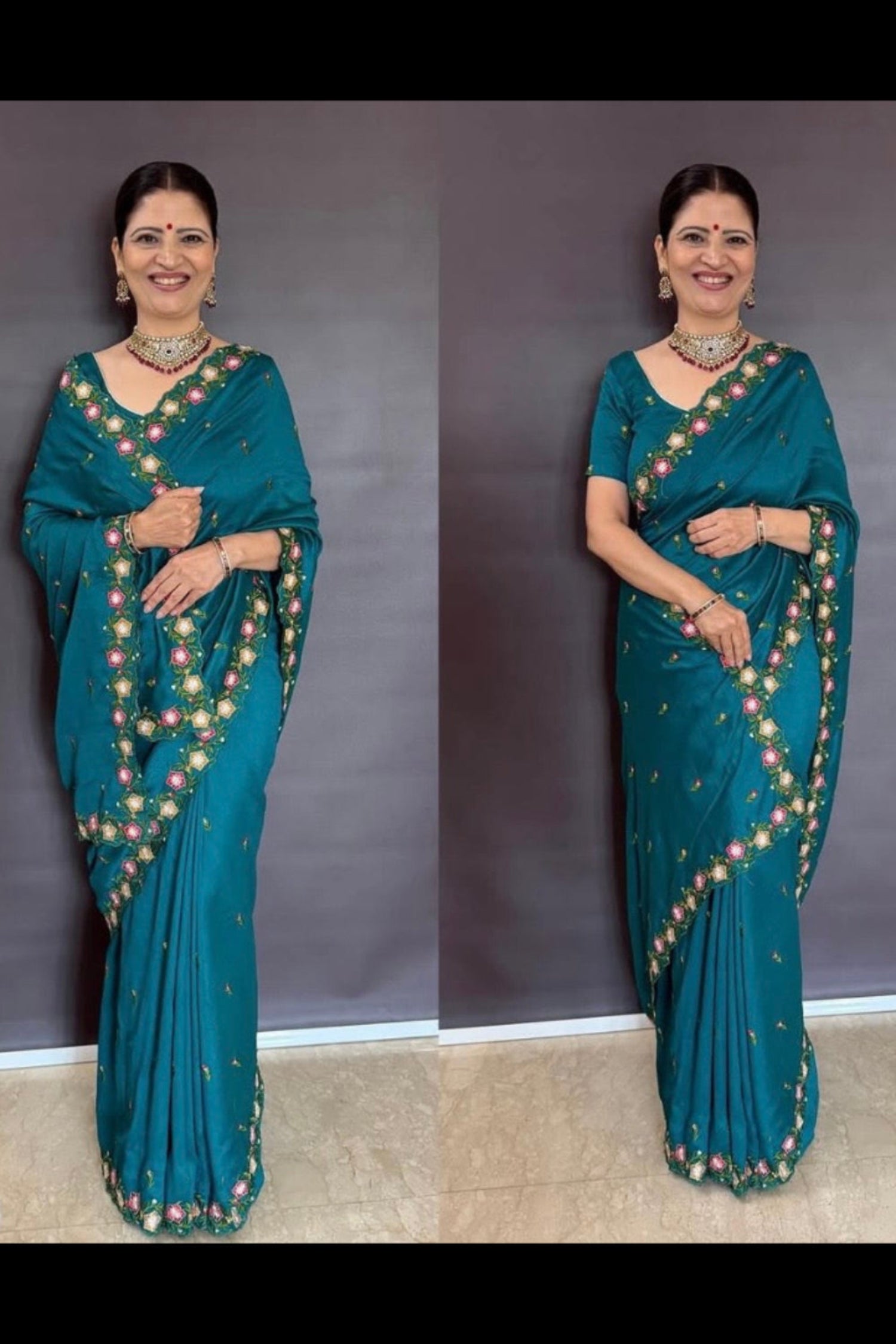 Green color floral Parsi embroidery