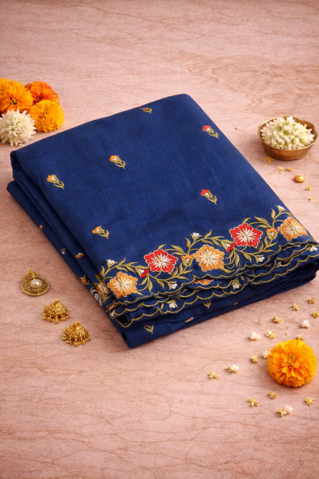 Navy Blue color floral Parsi embroidery