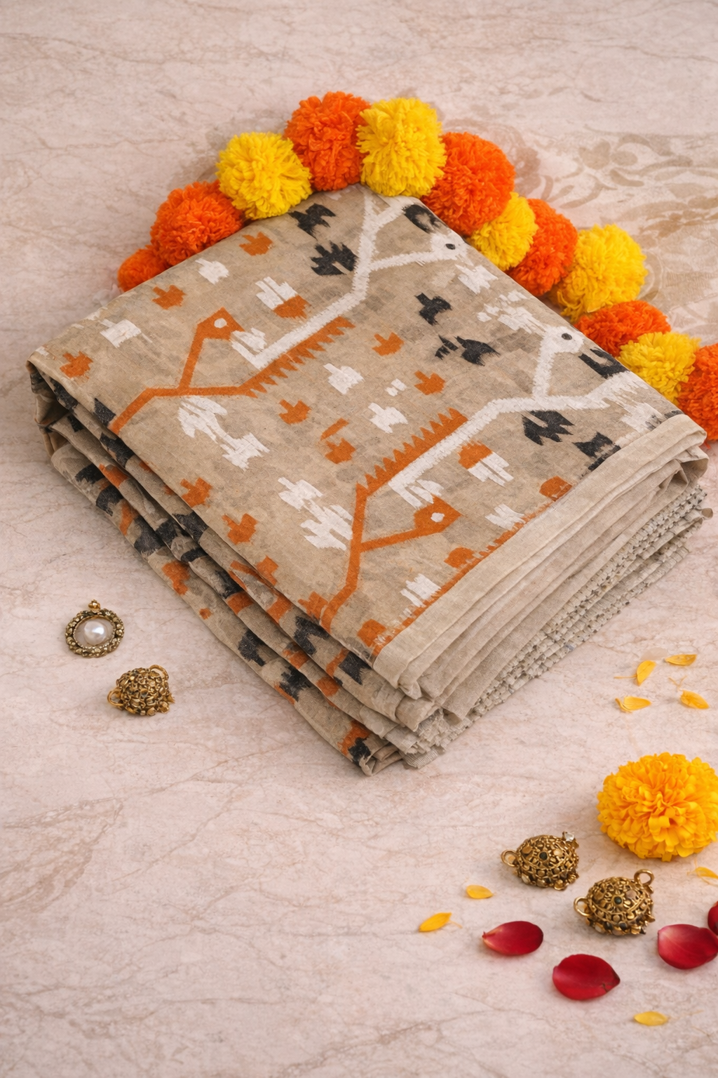Beige cotton mix jamdani saree