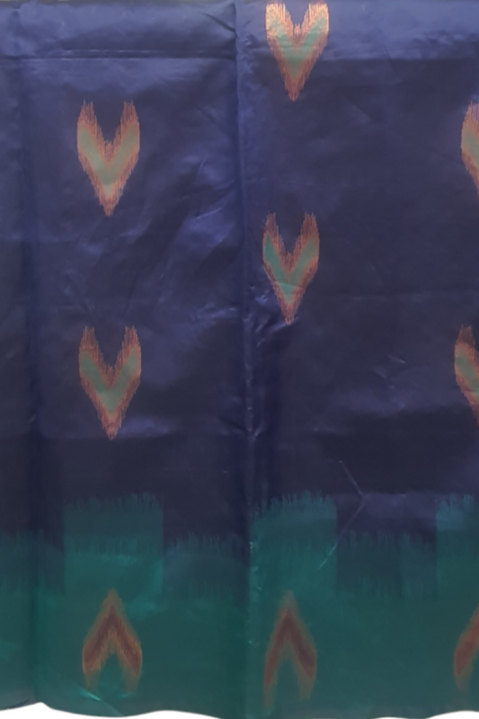 Blended silk Dark Blue color saree with contrast green color border ikkat saree Semi silk saree sari wedding shadi office wear office party easy to carry light weight
