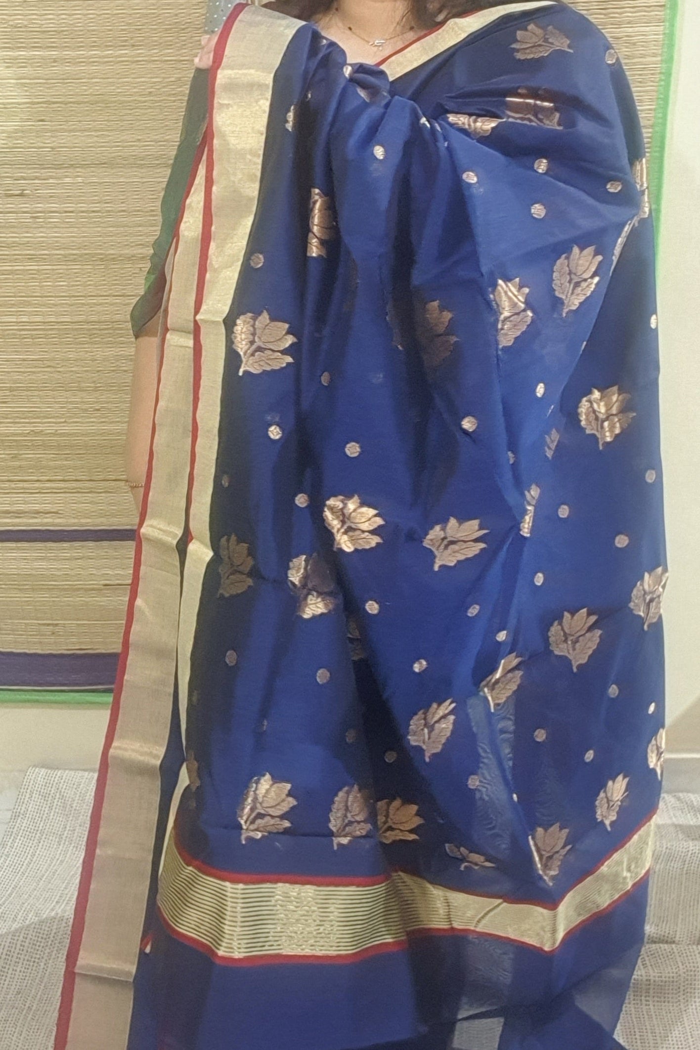 pure handloom dark blue Chanderi  saree
