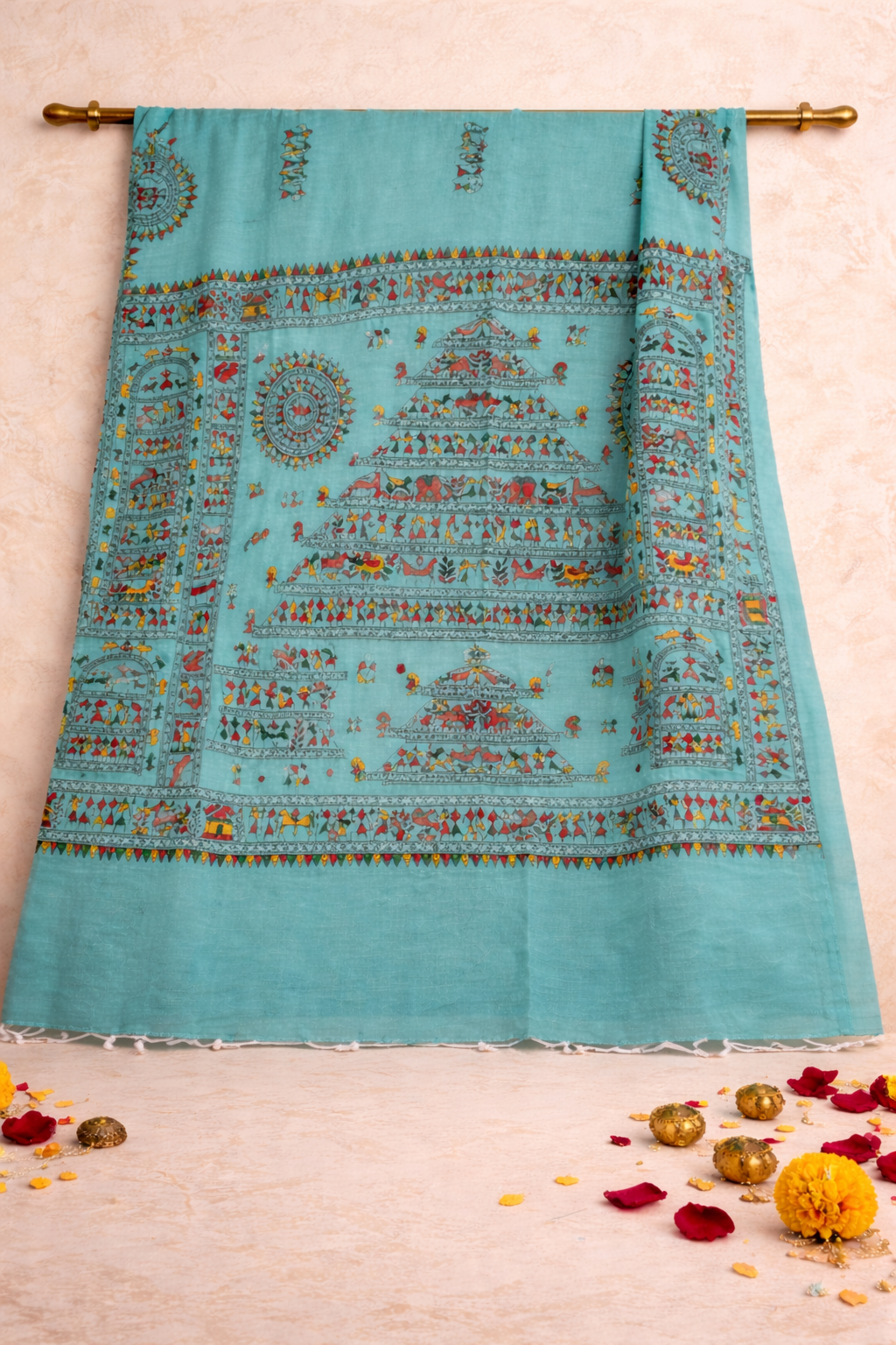 green hand painted warli art cotton saree