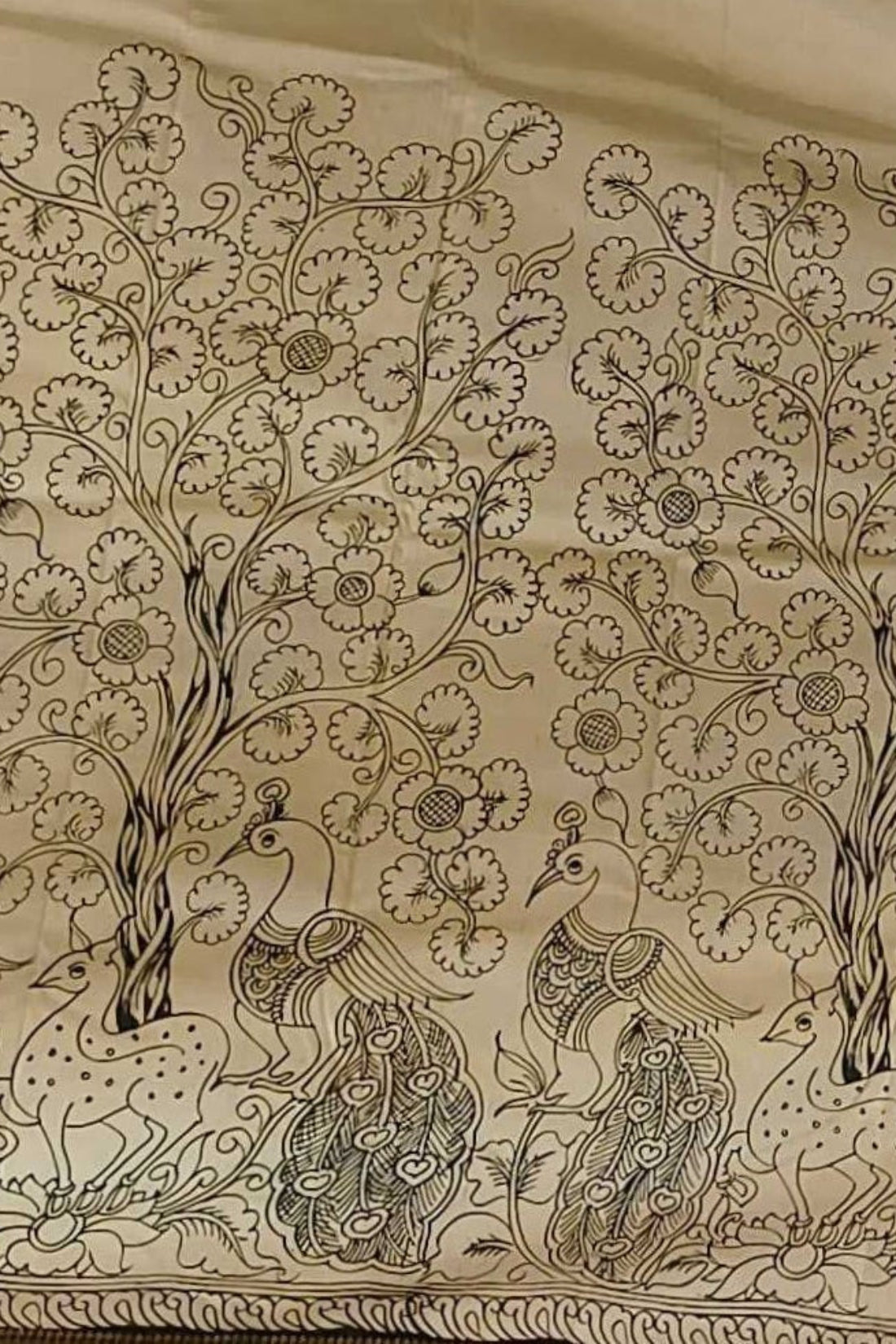 deer and peacock handpainted kalamkari saree