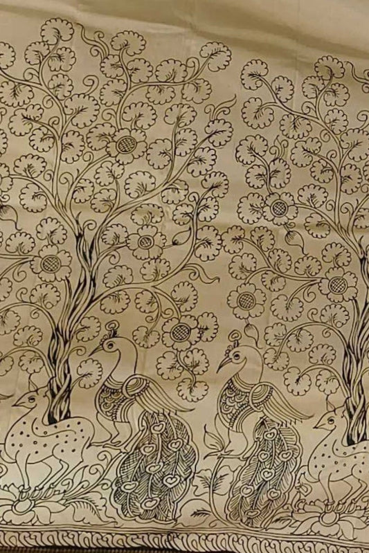 deer and peacock handpainted kalamkari saree