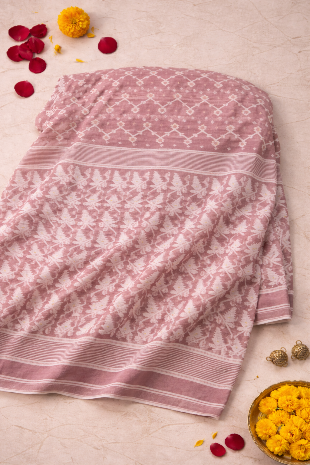 Onion pink jamdani saree with intricate weaving