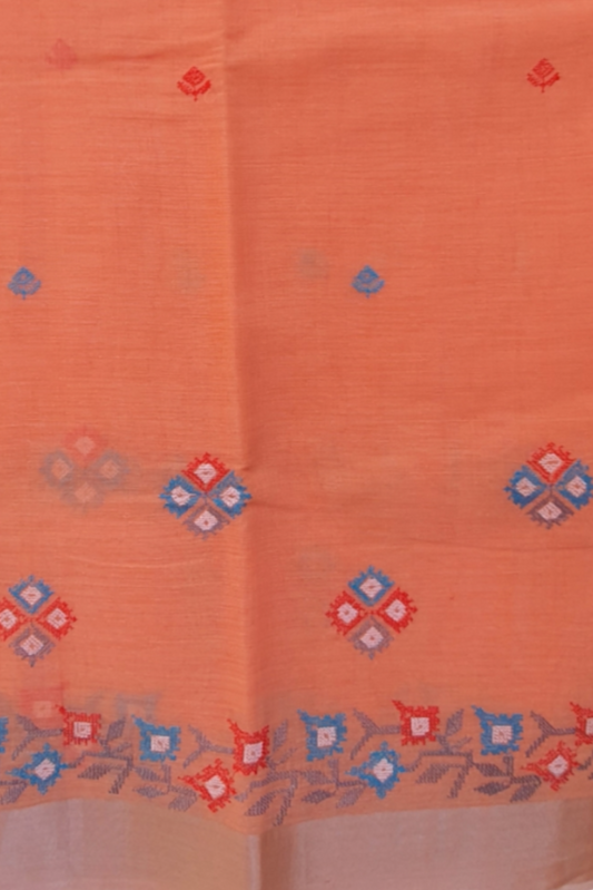 A light peach  sari linen saree with embroidered geometric patterns and a contrasting border.