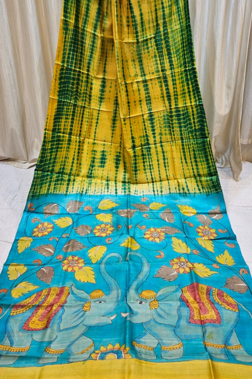 pure tussar fusion shibori kalamkari saree 
