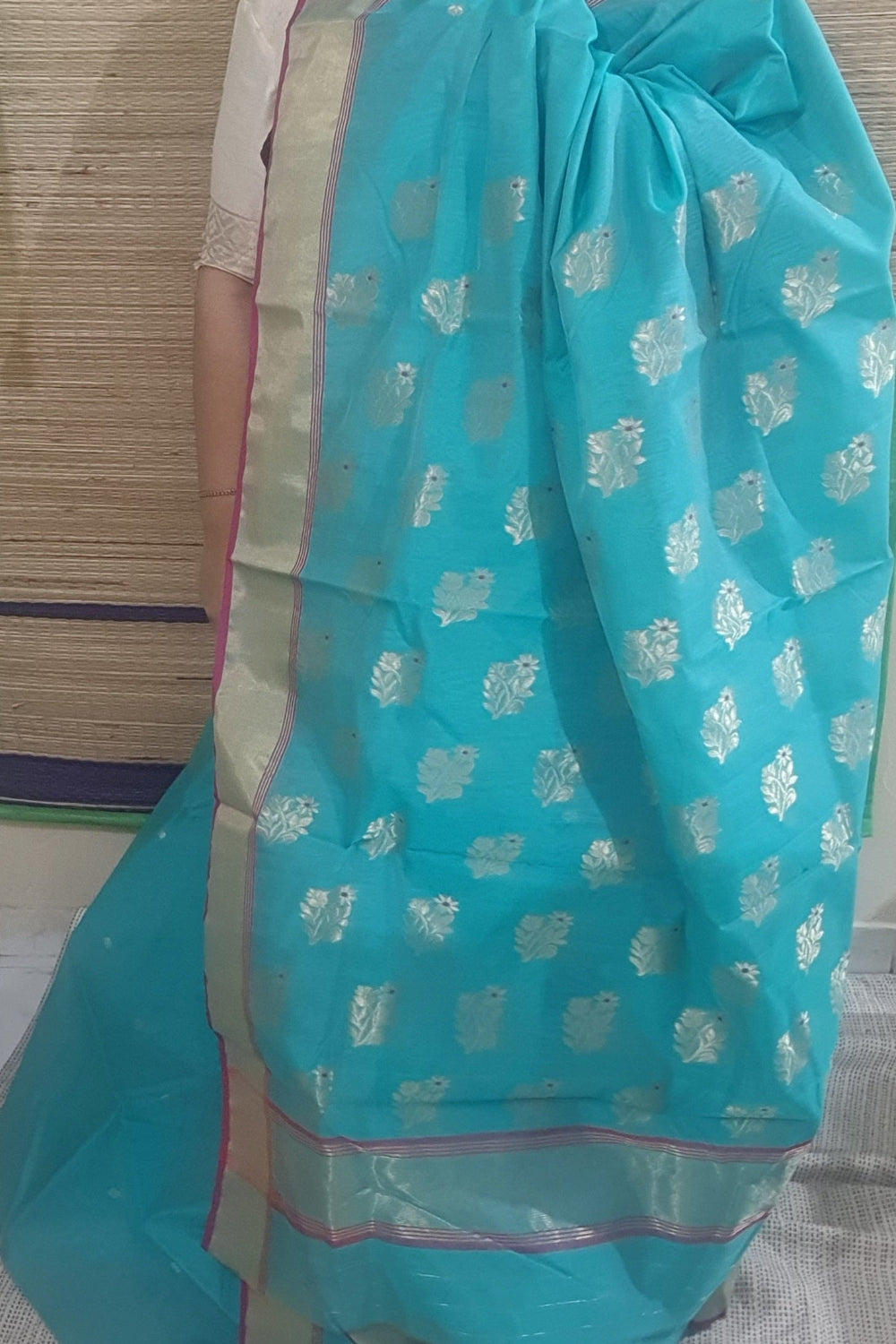 Pure handloom rama chanderi saree