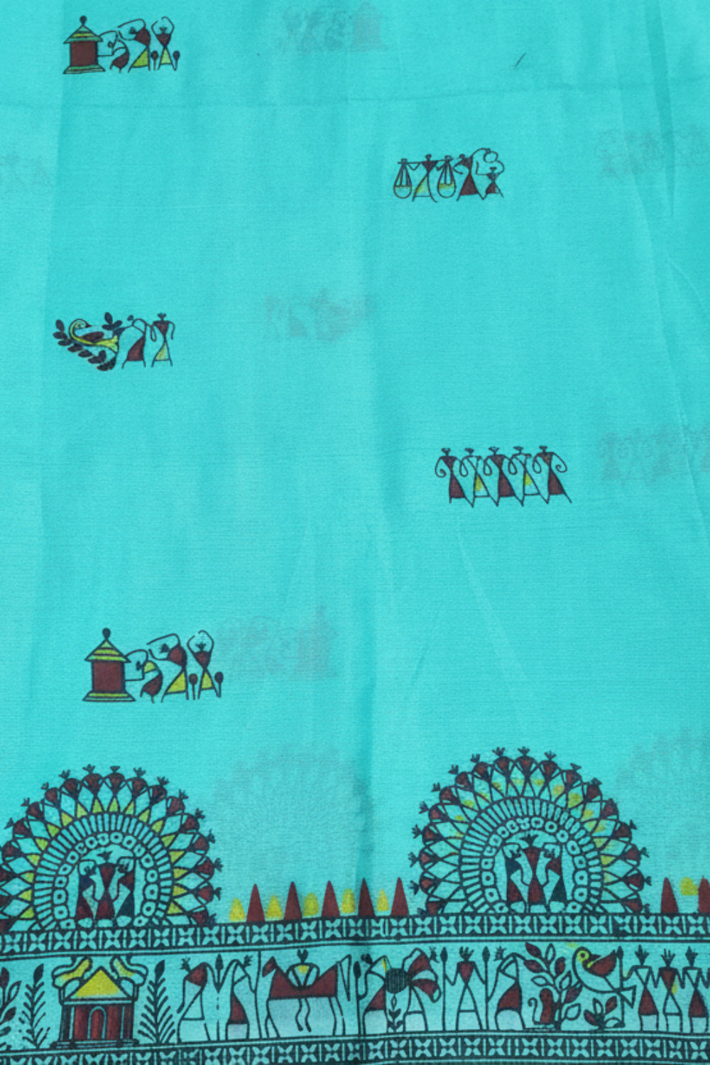cyan green warli painted saree