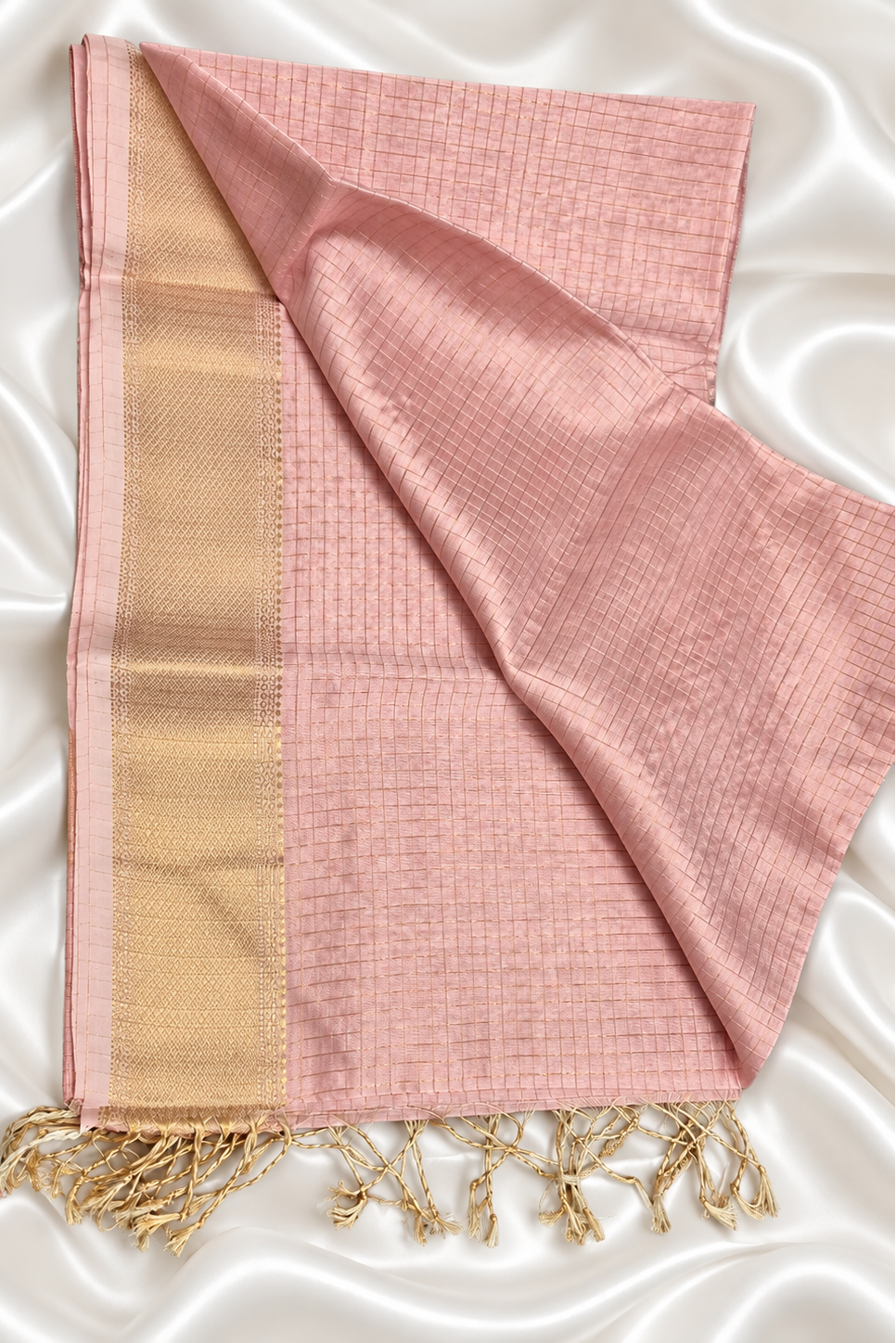 Light Rose Pink Zari checks Handwoven Pure Maheshwari Saree1