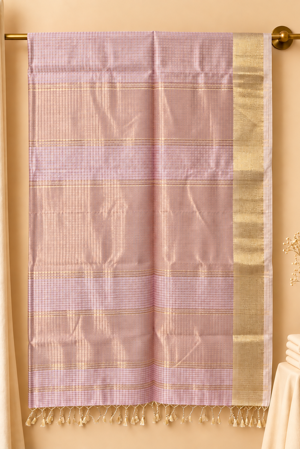 Light Rose Pink Zari checks Handwoven Pure Maheshwari Saree2